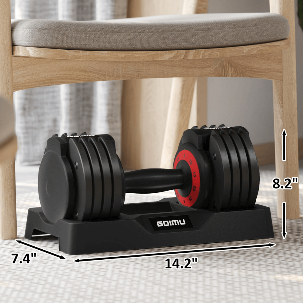 Adjustable dumbbell on stand with speed dial, dimensions labeled, for efficient strength training and space-saving home gym setup.