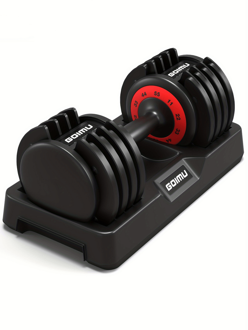 Adjustable dumbbell with quick-adjust dial on base, ideal for space-saving strength training from 5 to 25LB, featuring non-slip grip.