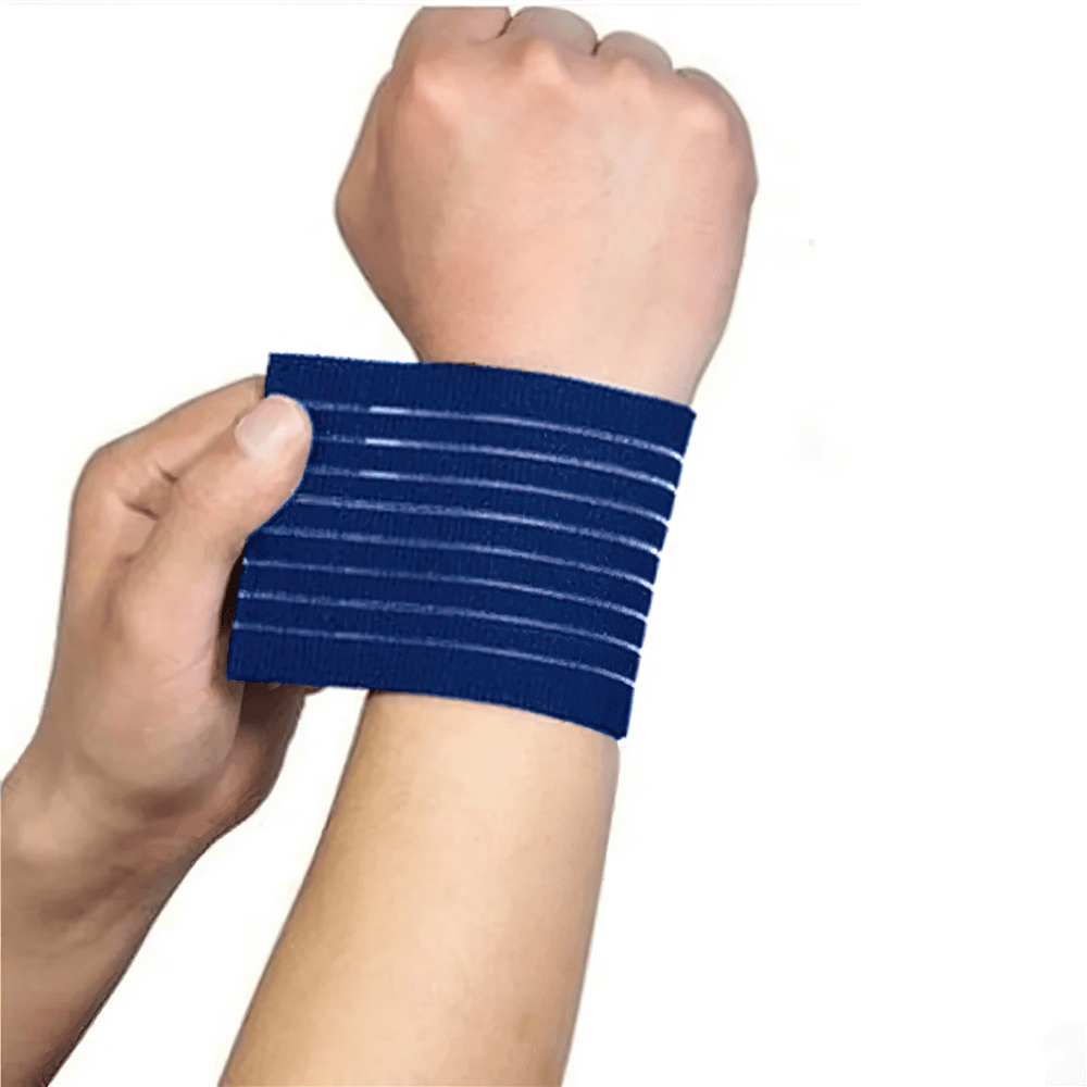 Person wearing adjustable elastic sports wristband brace SF3171 for fitness support, featuring a navy blue stretchy wrap on wrist.