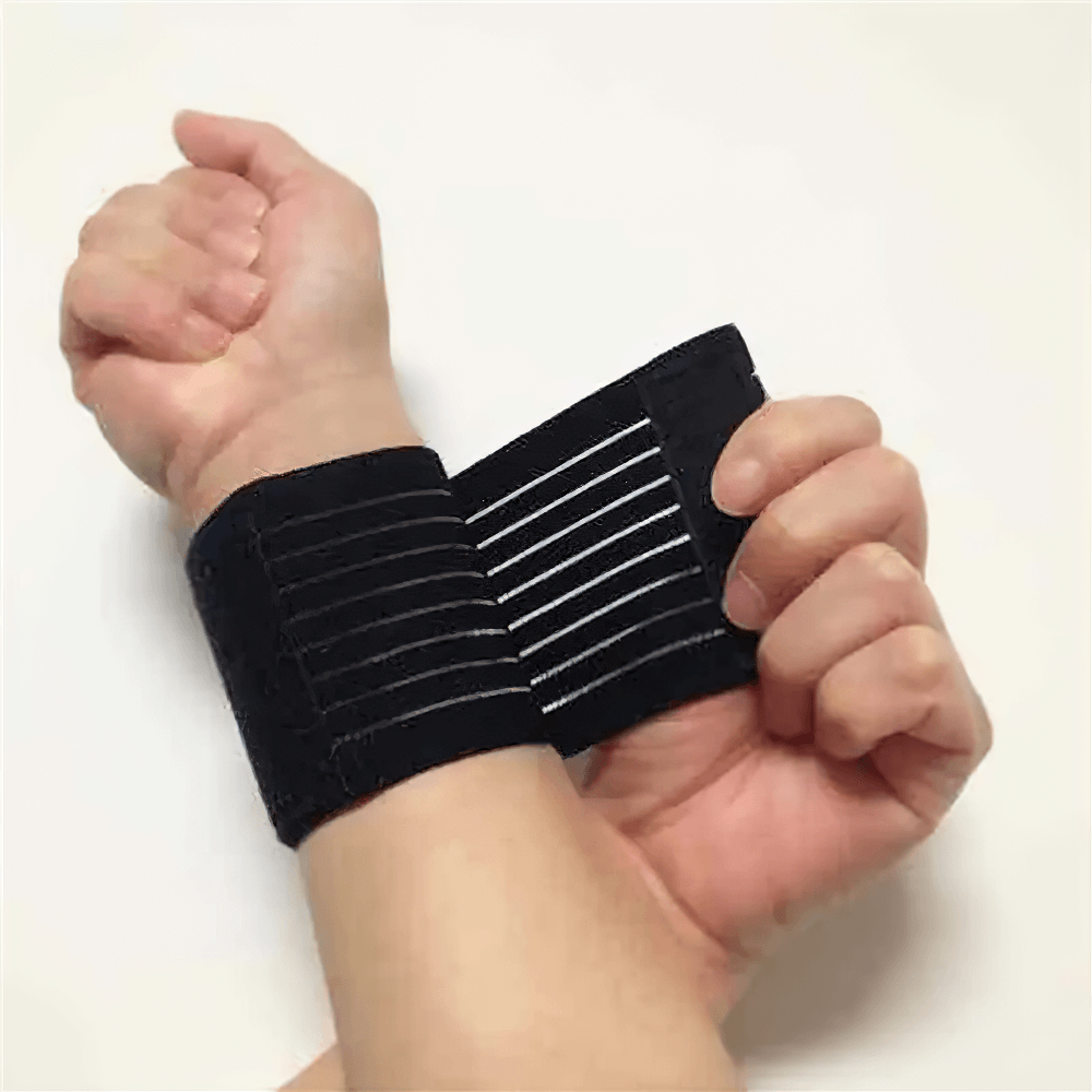 Person wearing adjustable elastic sports wristband brace for fitness and training, providing wrist support during workouts.