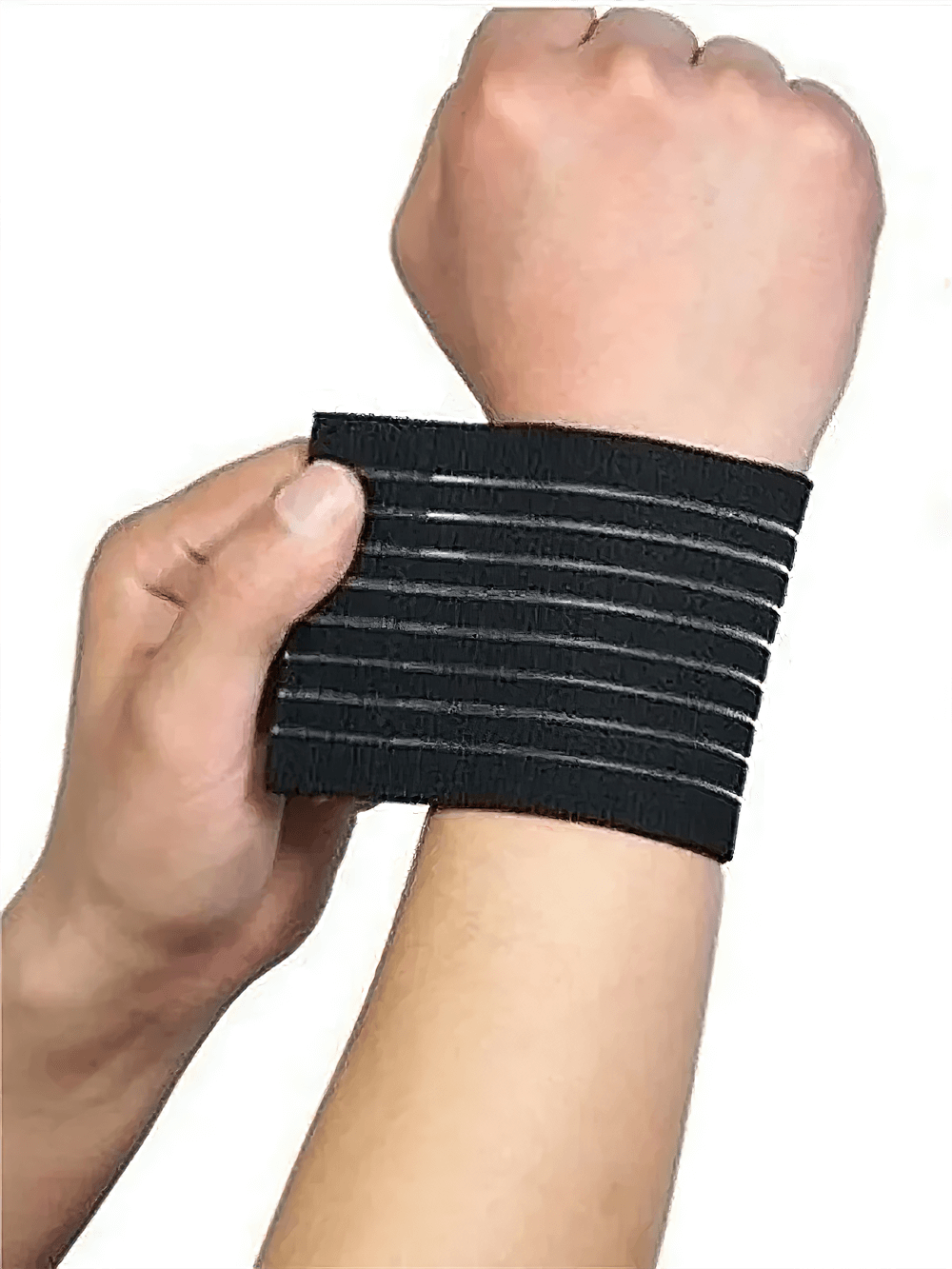 Person wearing adjustable elastic sports wristband SF3171 for workout support and wrist protection, ideal for fitness and training.