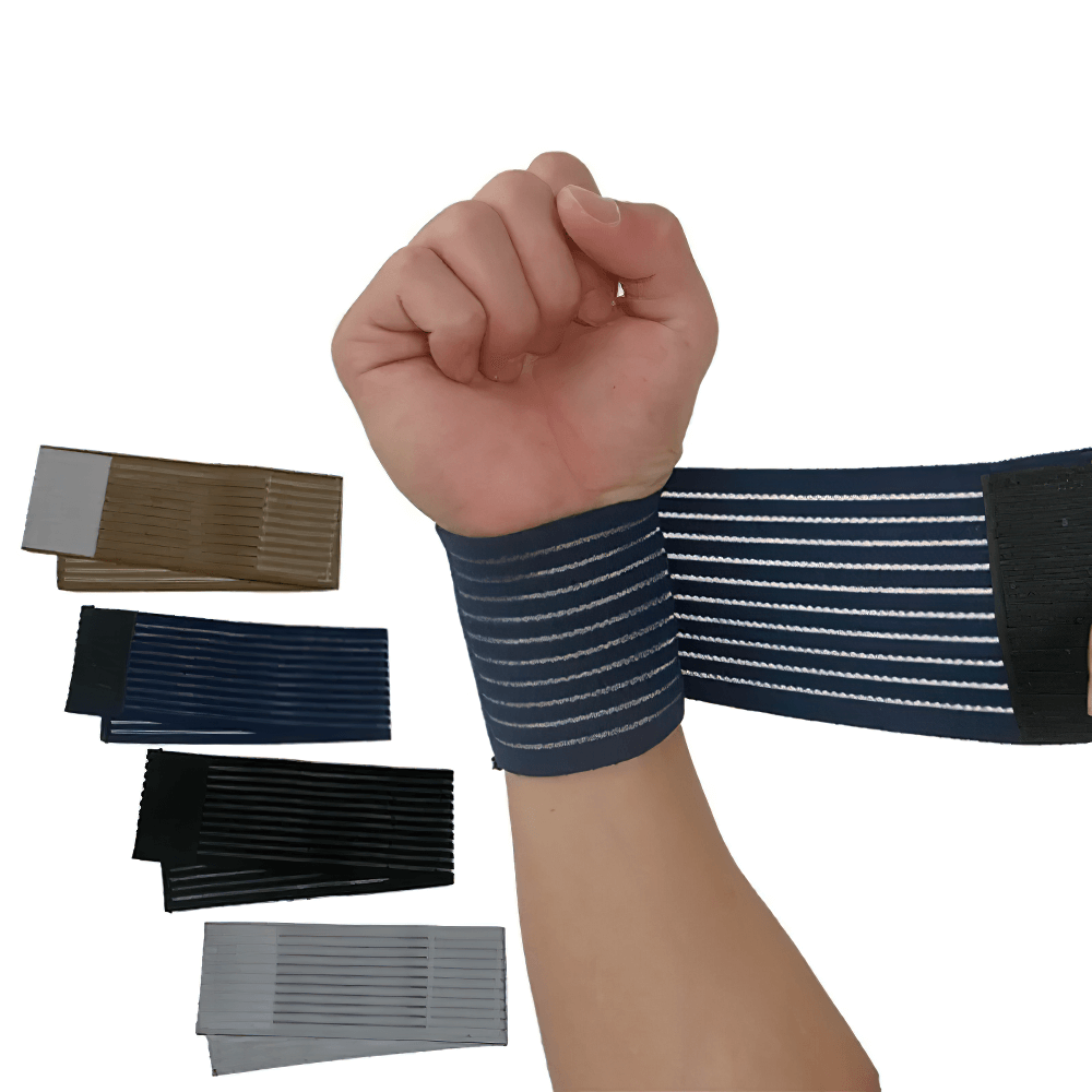 Hand wearing adjustable elastic sports wristband brace wrap with various colors displayed, ideal for fitness and support.