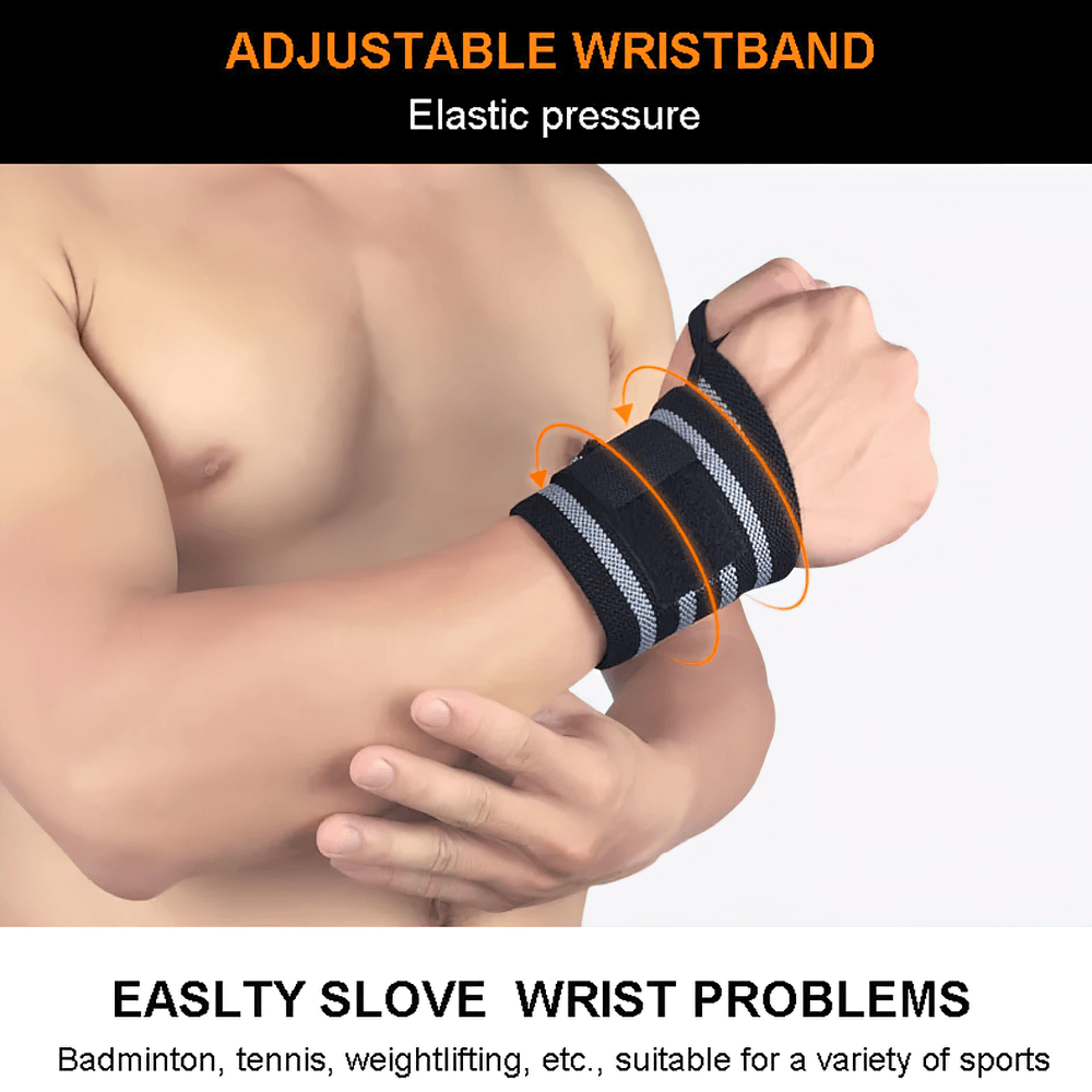 Man wearing adjustable elastic wrist wrap for weightlifting with Velcro closure for wrist support.