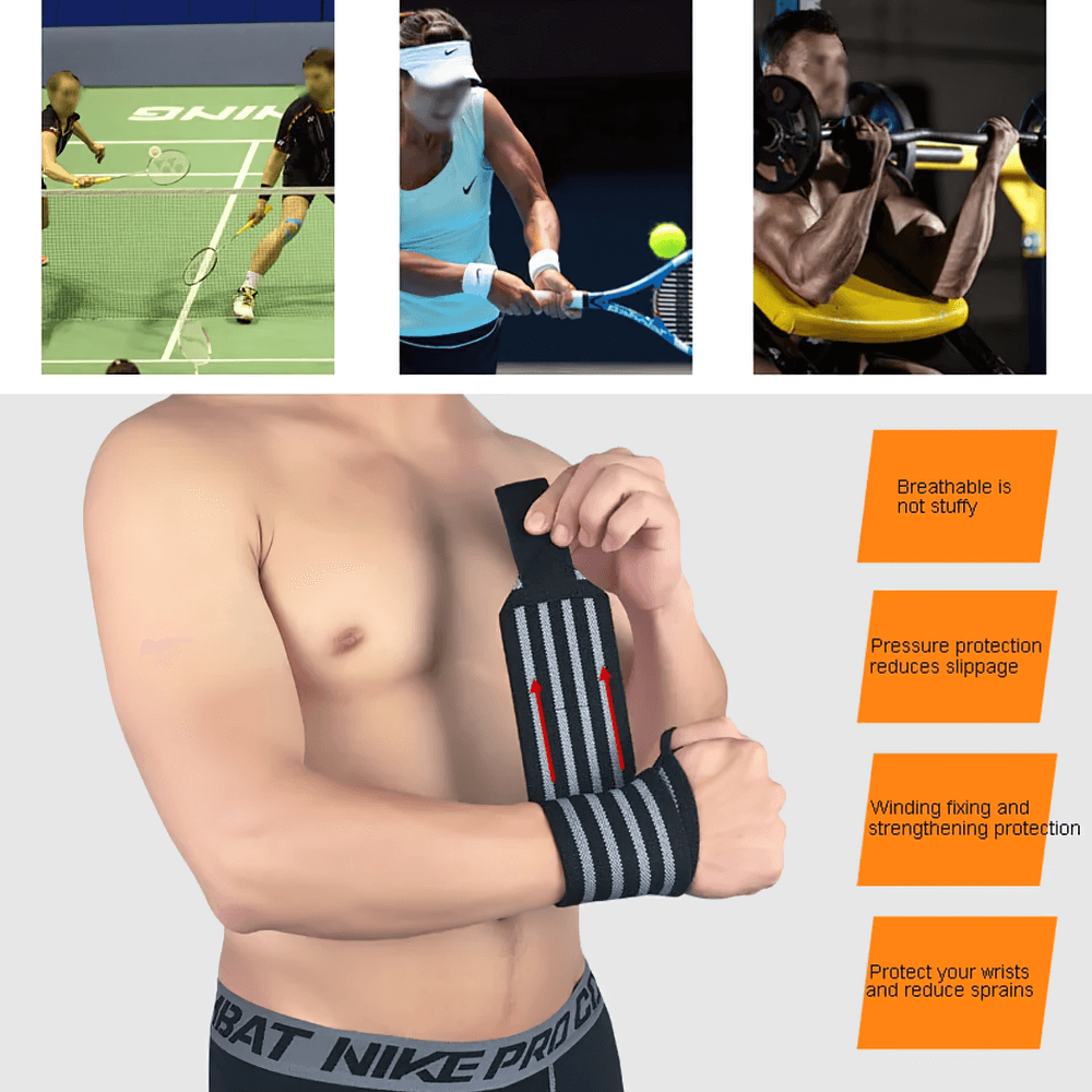 Man using adjustable elastic wrist wraps for weightlifting, showcasing breathable design and support features.
