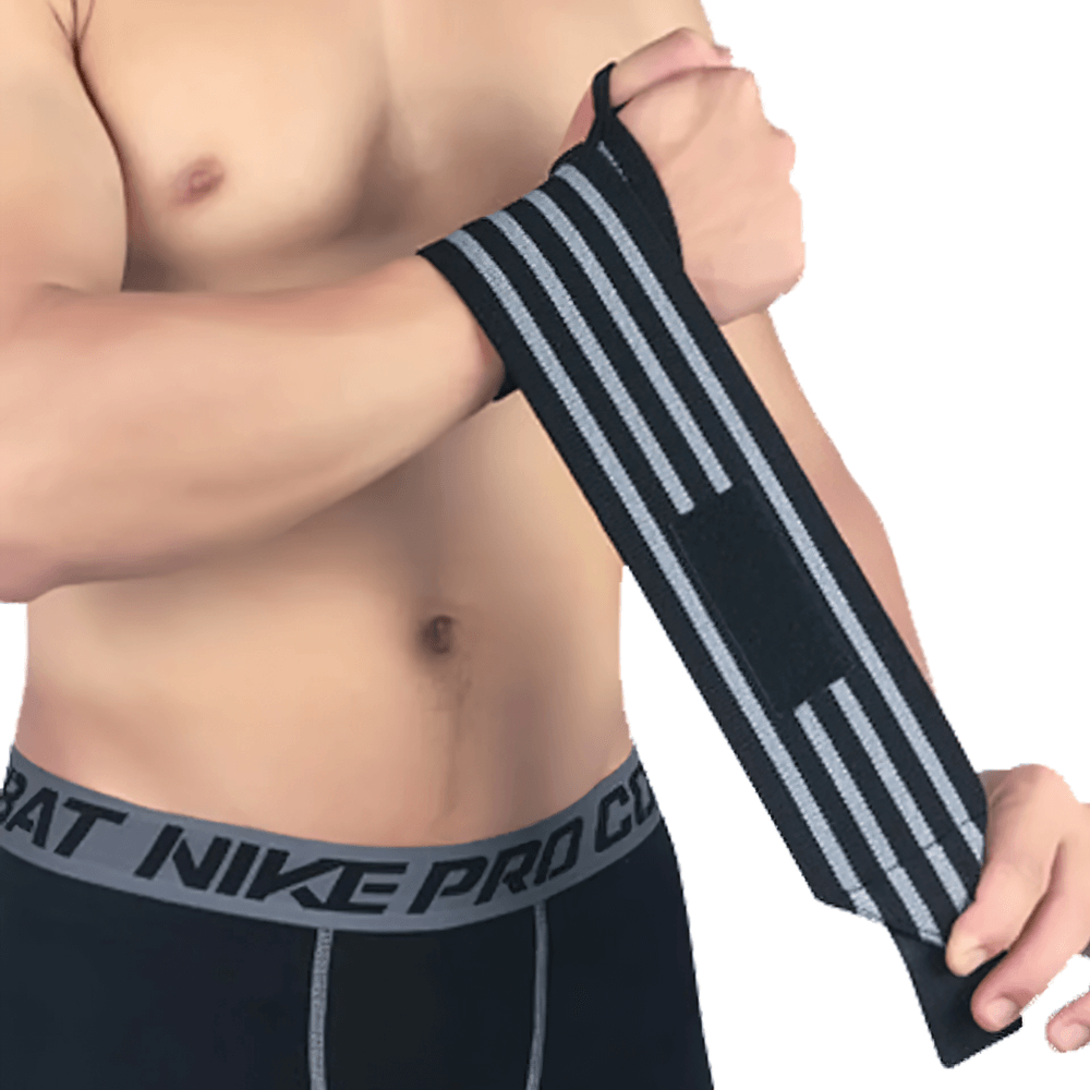Man wrapping adjustable elastic wrist wraps for weightlifting securely around his wrist, showcasing durable fabric and Velcro closure.