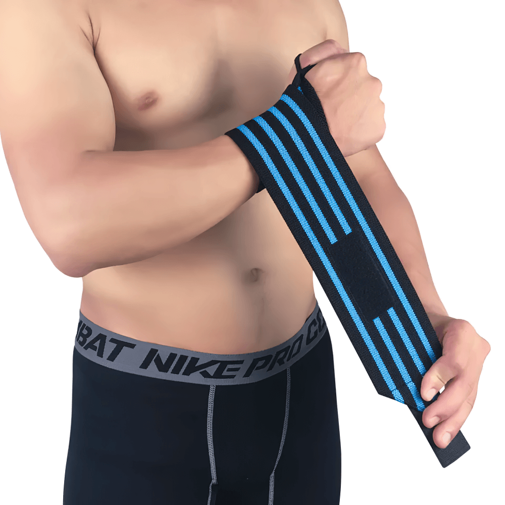 Man using adjustable elastic wrist wrap for weightlifting, showing secure Velcro closure and durable stretch fabric for stability