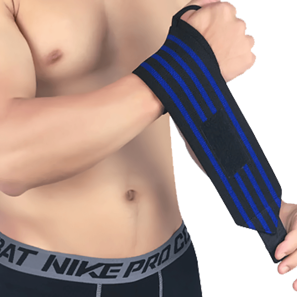 Man adjusting adjustable elastic wrist wrap with Velcro closure for weightlifting and fitness, featuring durable stretch fabric.