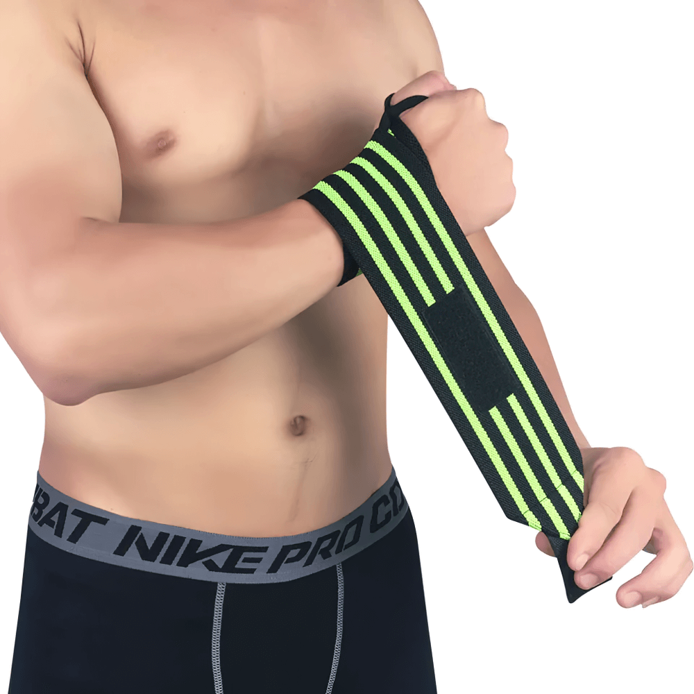 Man wrapping adjustable elastic wrist wrap for weightlifting and fitness support