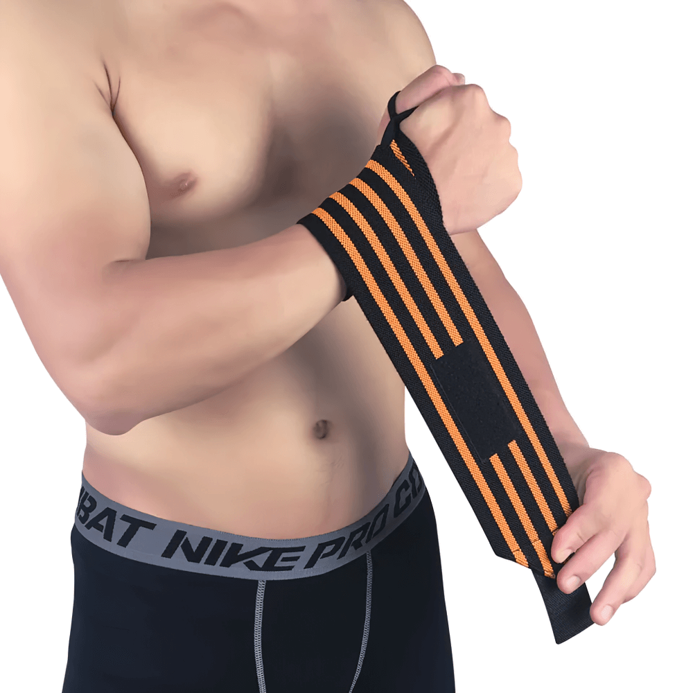 Man wearing adjustable elastic wrist wrap for weightlifting, showcasing durable stretch fabric and secure Velcro closure.