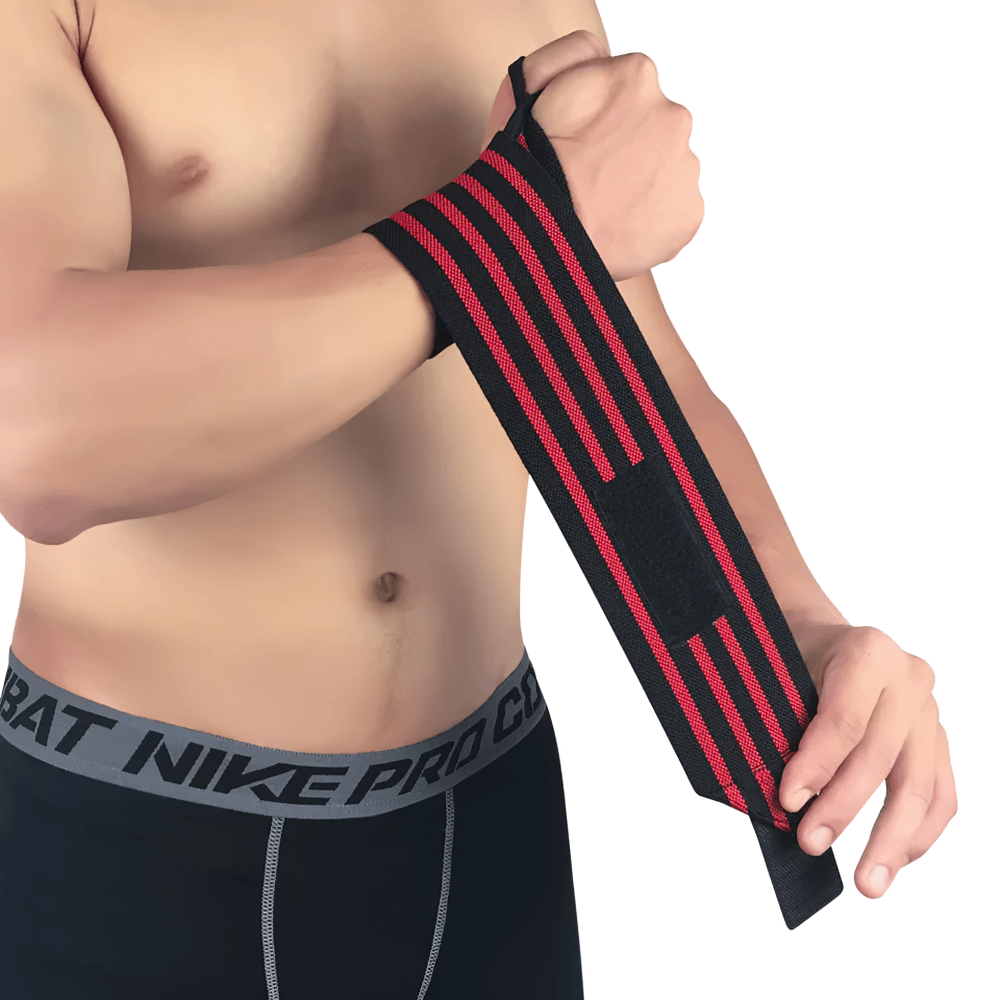 Man securing adjustable elastic wrist wraps for weightlifting and fitness, model SF3326, offering stability for heavy lifts and workouts.