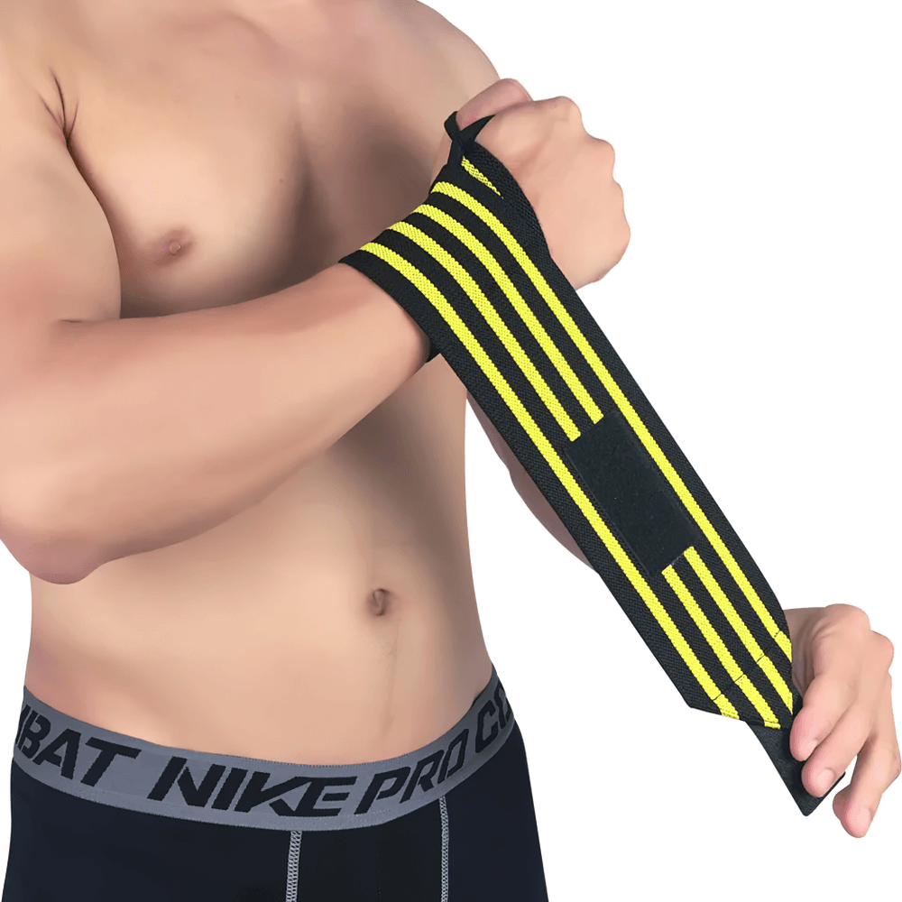 Man adjusting elastic wrist wrap for weightlifting, featuring yellow stripes and Velcro closure for secure support during workouts.