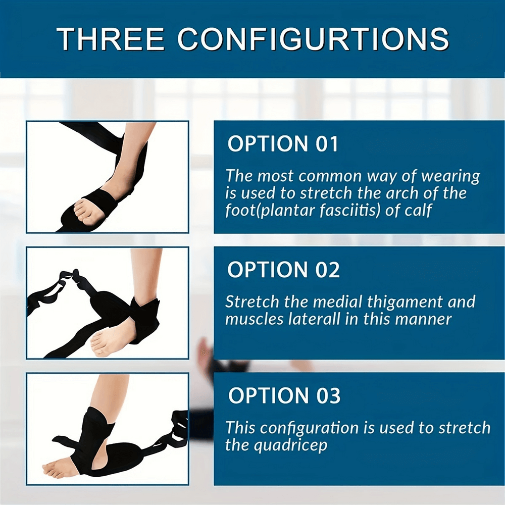 Three configurations showing how to use an adjustable foot and calf stretcher for flexibility and muscle recovery.