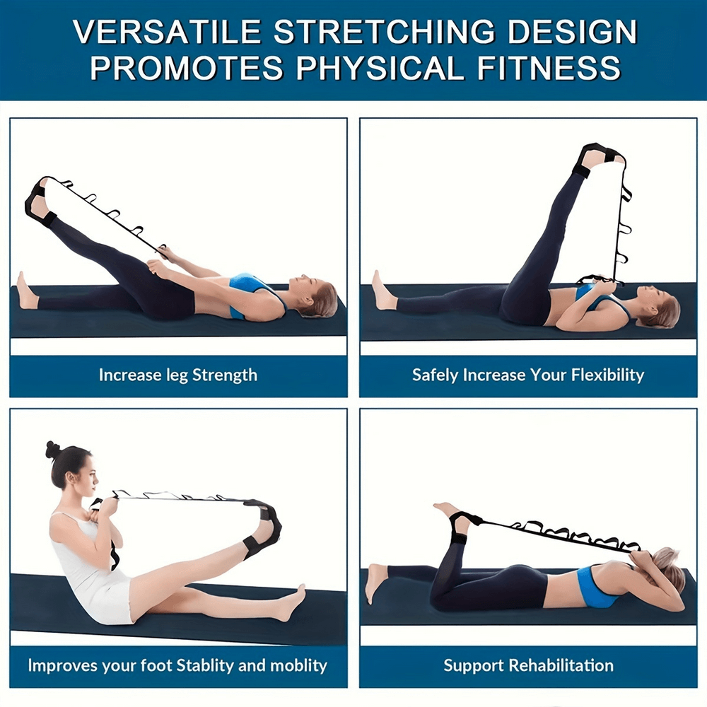 Person using adjustable foot and calf stretcher for leg flexibility, mobility, and rehabilitation; versatile stretching for physical fitness.