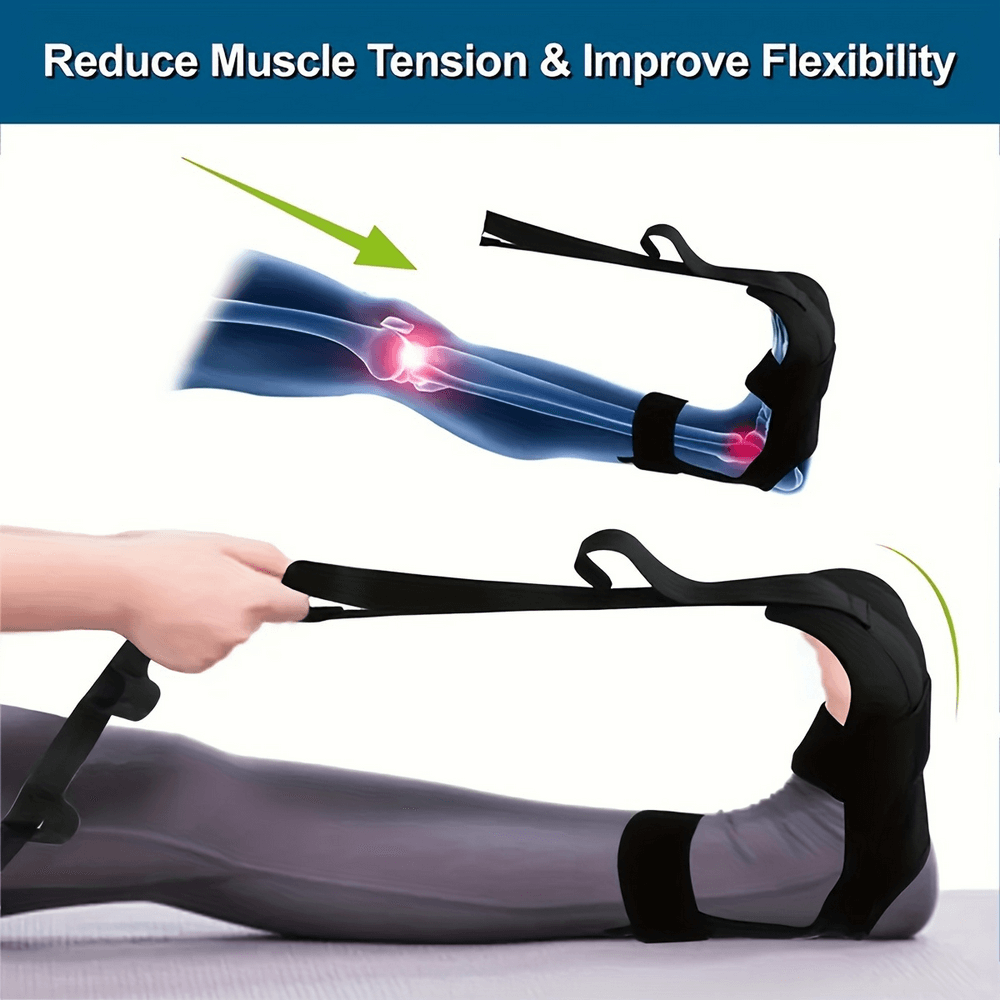 Foot and calf stretcher for therapy showing muscle tension relief and flexibility improvement, perfect for yoga and recovery.