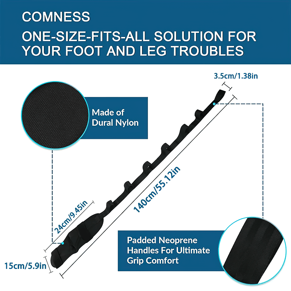 Adjustable foot stretching band made of durable nylon with neoprene handles for yoga and rehabilitation, dimensions shown.