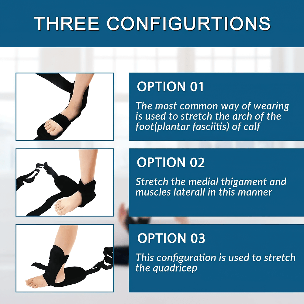 Three configurations showing foot stretching band SF3319 for plantar fasciitis, medial muscles, and quadricep stretching.