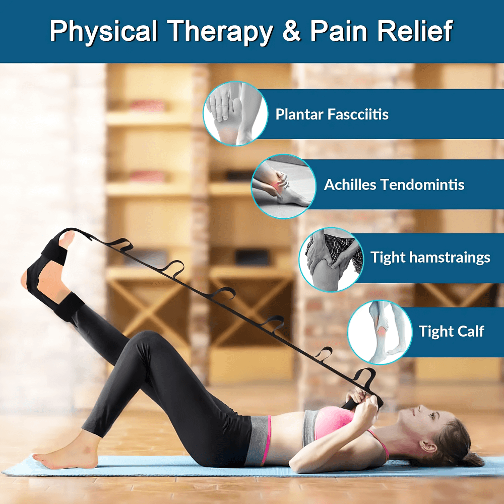 Woman using adjustable foot stretching band SF3319 for therapy, addressing plantar fasciitis, tendinitis, tight hamstrings and calves.