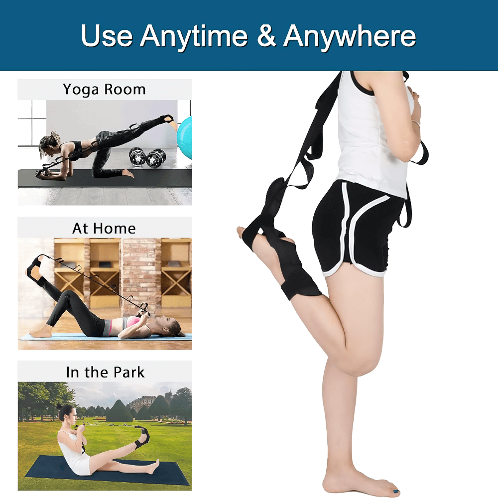 Woman using adjustable foot stretching band for yoga and rehab, perfect for home, gym, or outdoor flexibility training.