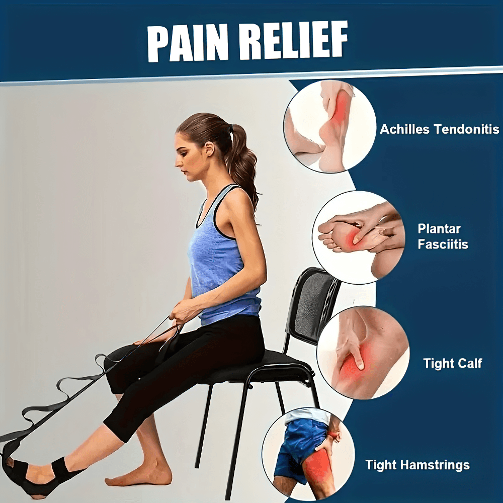 Woman using adjustable foot stretching band for leg pain relief, targeting achilles tendonitis, plantar fasciitis, and calf.