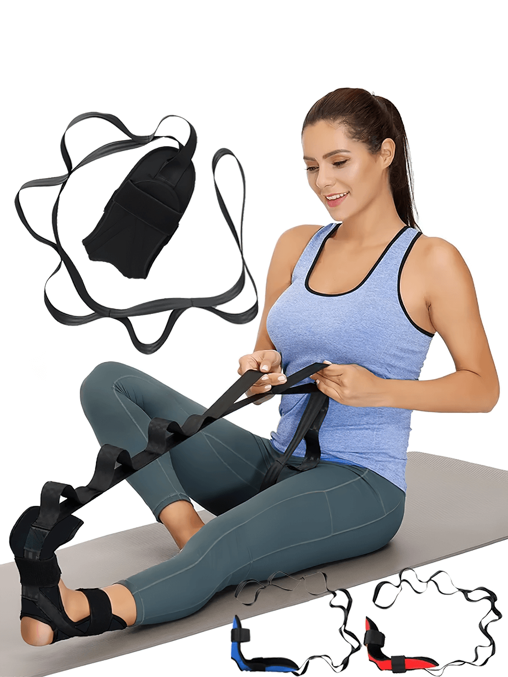Woman using adjustable foot stretching band SF3319 for yoga and leg rehabilitation, improves flexibility and strength, ideal for athletes.