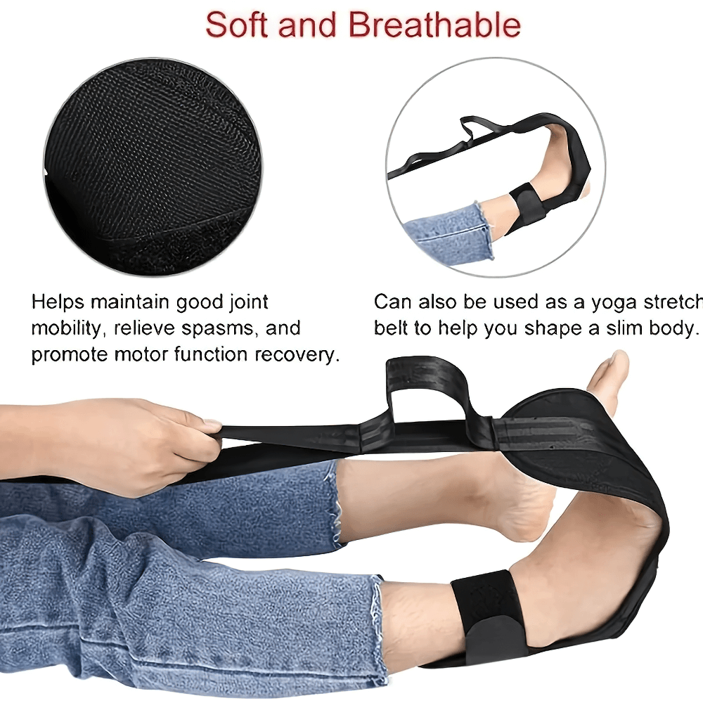 Adjustable foot stretching band in use, offering support for yoga and rehabilitation to enhance flexibility and leg strength.