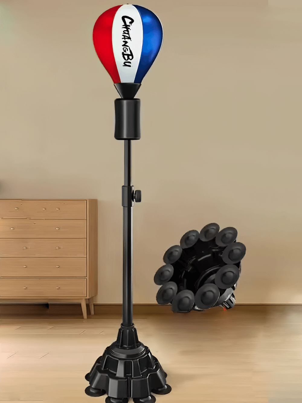 Freestanding adjustable reflex punching bag in a home setting with durable base, ideal for boxing training and cardio workouts.