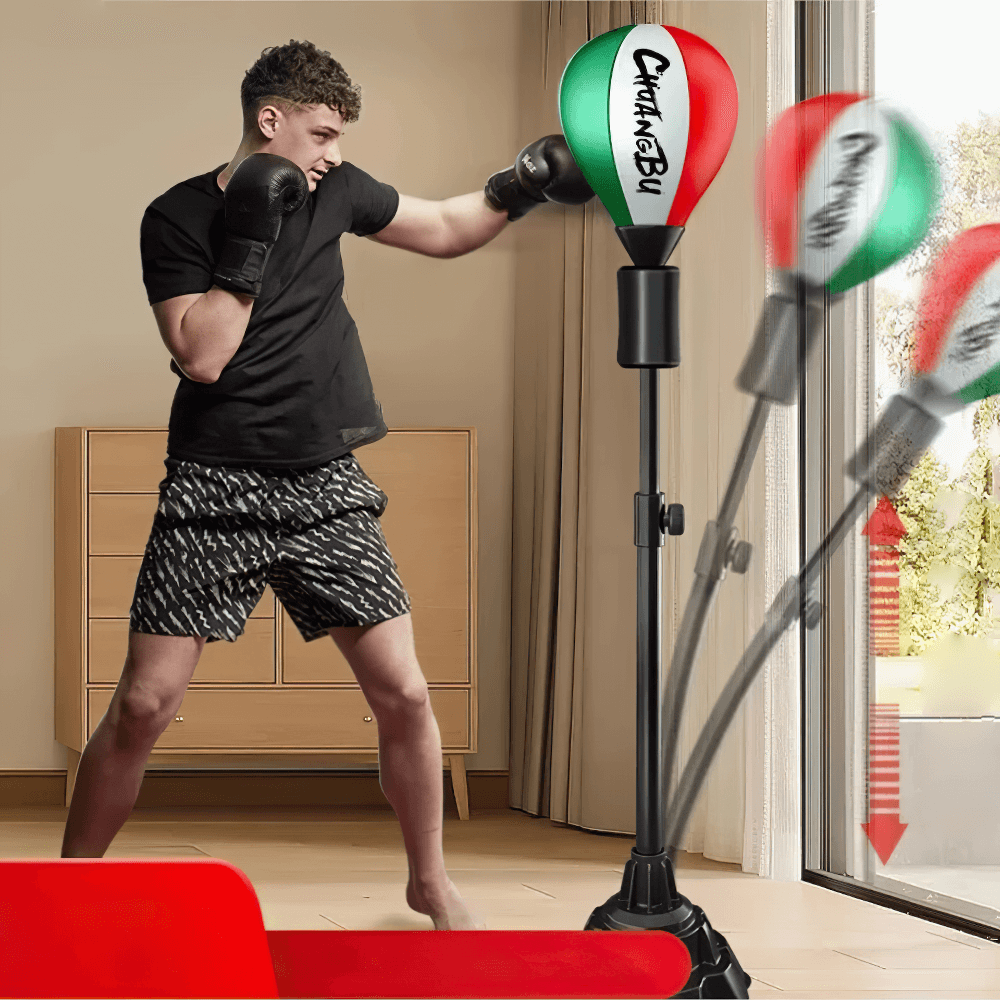 Man training with adjustable freestanding reflex punching bag at home, enhancing boxing skills with rapid-rebound design.
