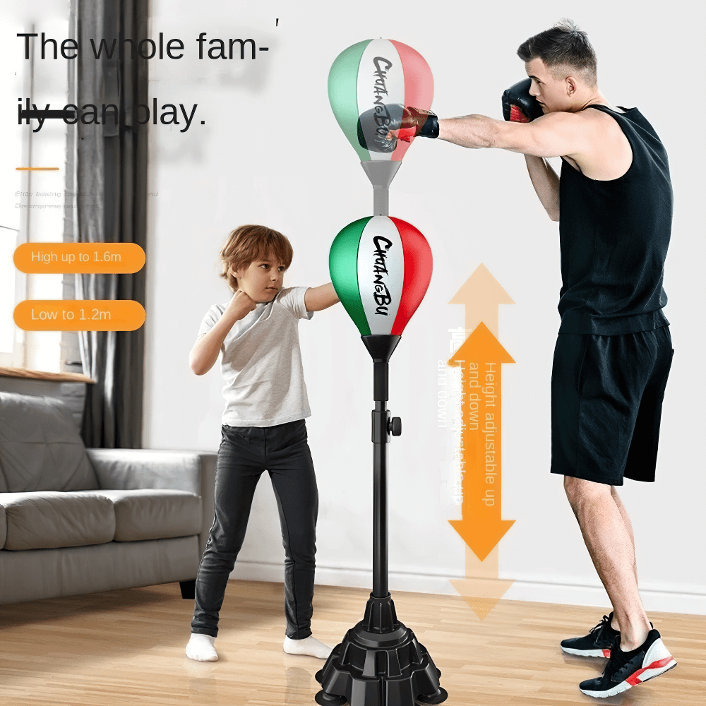 Father and child using Adjustable Freestanding Reflex Punching Bag SF2722 for boxing and fitness training at home.