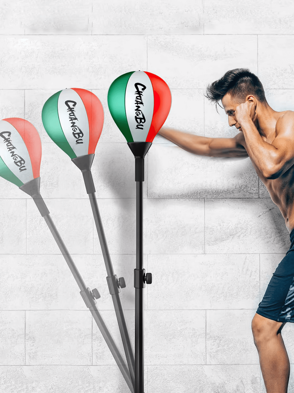 Alt Tag: Man training with adjustable freestanding reflex punching bag for boxing and MMA workouts at home.