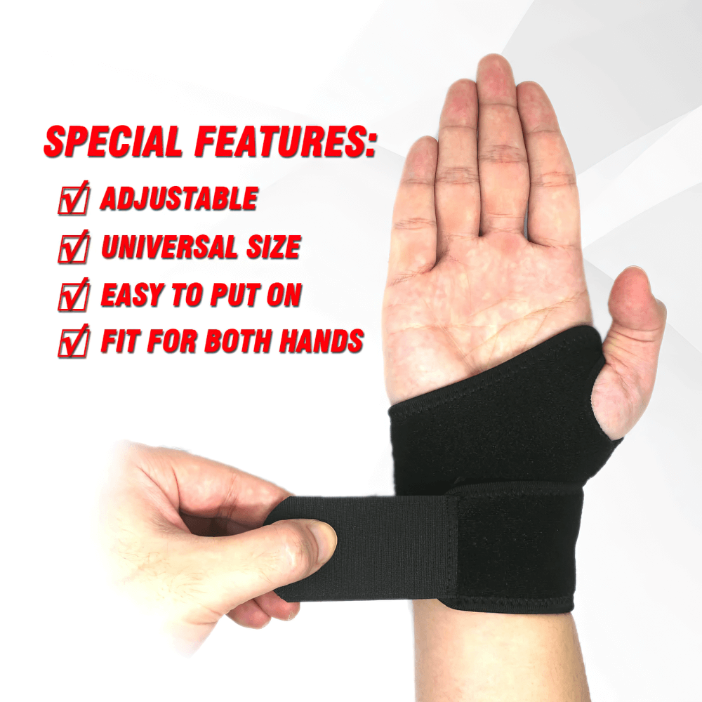 Adjustable gym wrist support brace being worn, highlighting features like universal size, easy to put on, fit for both hands - SF3158.