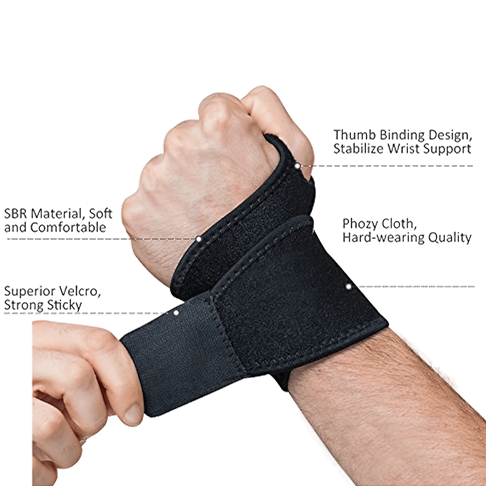 Adjustable gym wrist support brace SF3158, showcasing soft neoprene, strong Velcro, and thumb binding design for optimal fitness support.