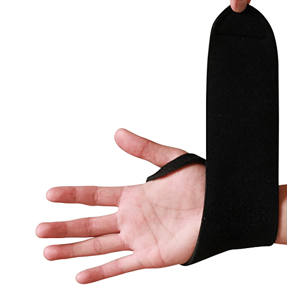 Hand wearing adjustable gym wrist support brace for fitness and training, ideal for combat sports protection.