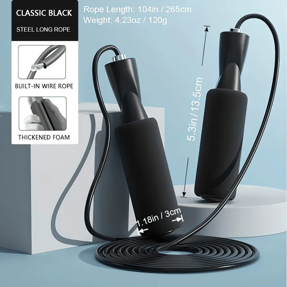 Adjustable jump rope with thickened foam handles and wire core, perfect for fitness and cardio workouts. Comes in sleek black design.