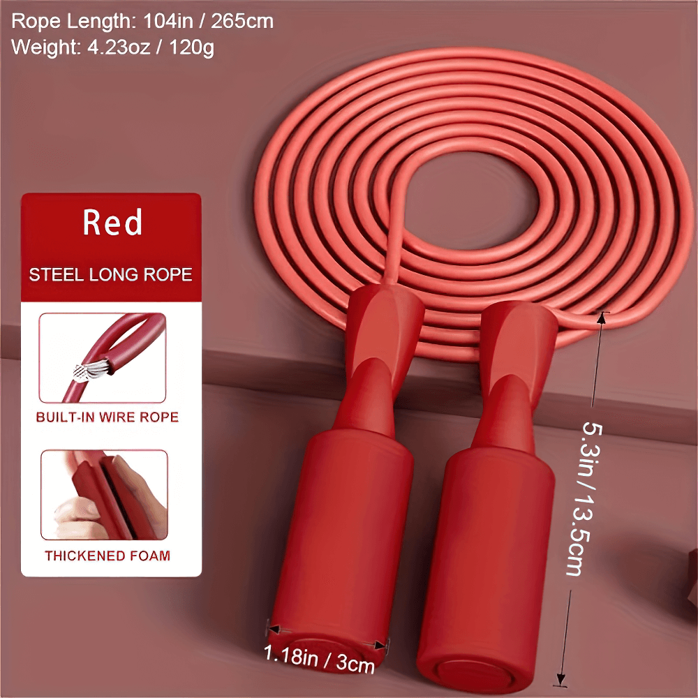 Red adjustable jump rope with thickened foam handles, built-in wire core for fitness and cardio workouts, 104in length.