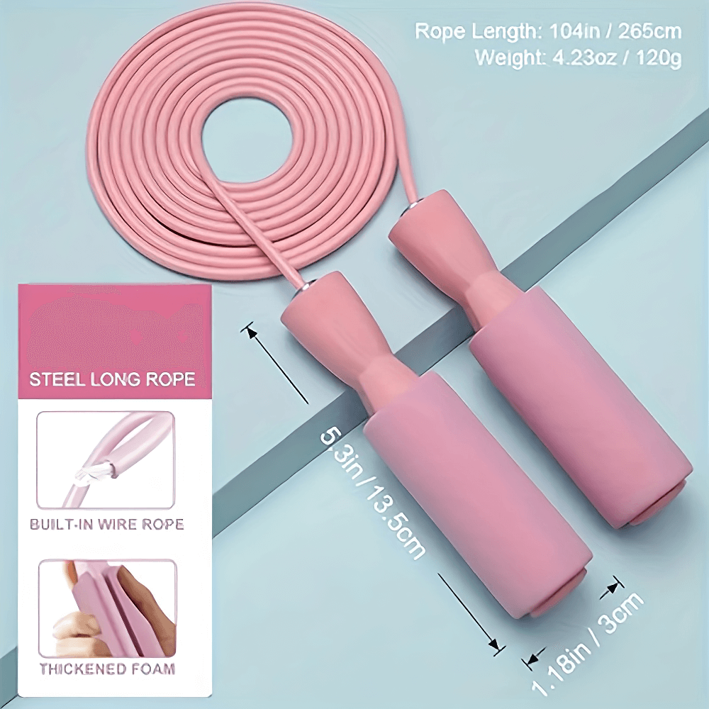 Pink adjustable jump rope with thickened foam handles and wire core, ideal for cardio and fitness workouts. Product code: SF2774.