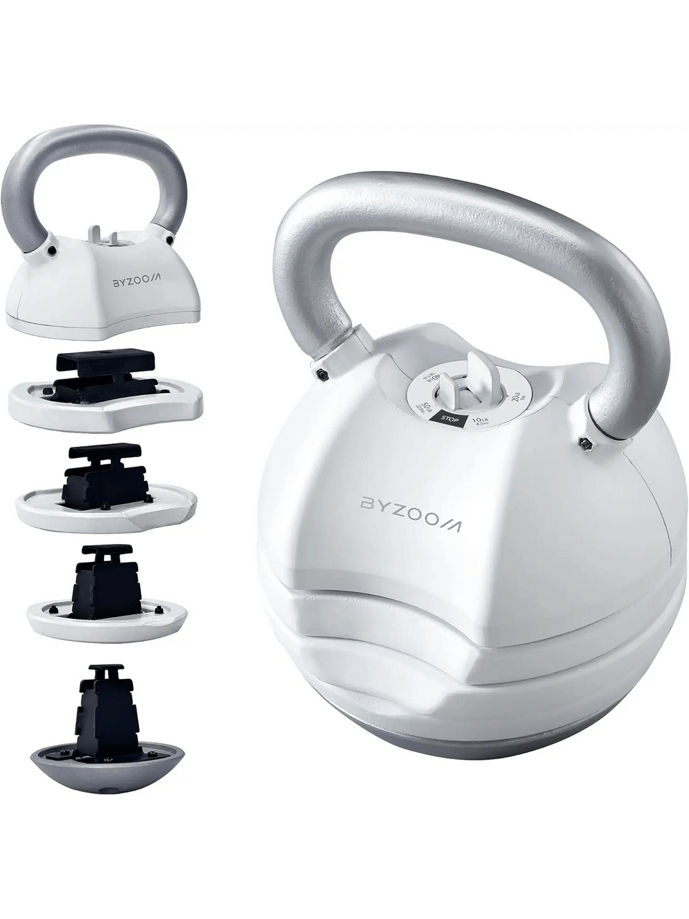 Adjustable kettlebell with detachable weight plates and ergonomic handle for versatile strength training.