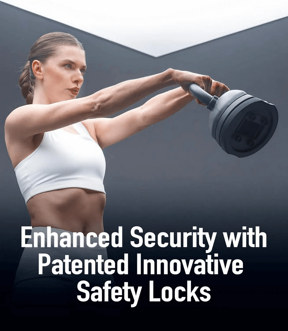 Woman using adjustable kettlebell with detachable weight plates, showcasing ergonomic design and secure grip for strength training.