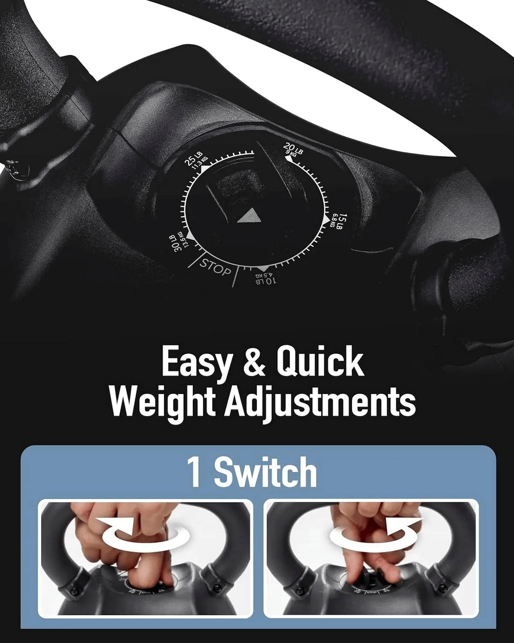 Close-up of adjustable kettlebell dial with easy weight adjustments and ergonomic grip, SF3353 model.