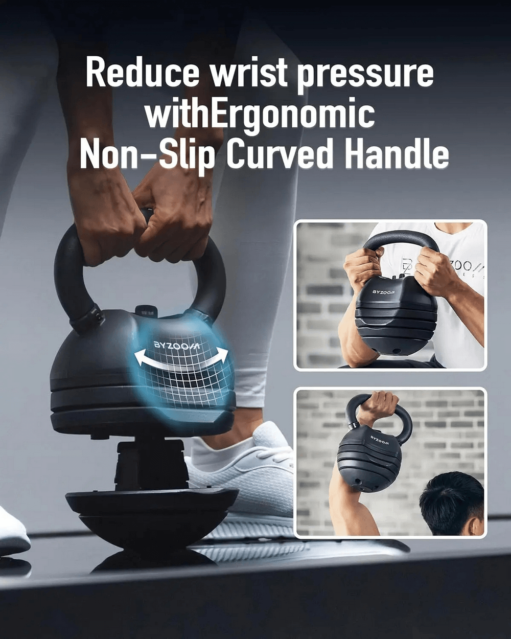 Man using adjustable kettlebell with ergonomic handle showing detachable weight plates for strength training.