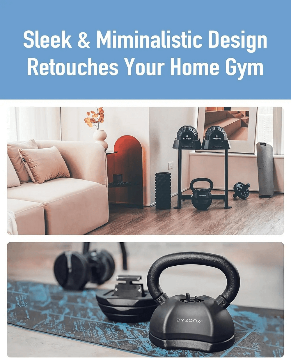 Stylish adjustable kettlebell with detachable plates in a modern home gym setting, perfect for strength and power training.