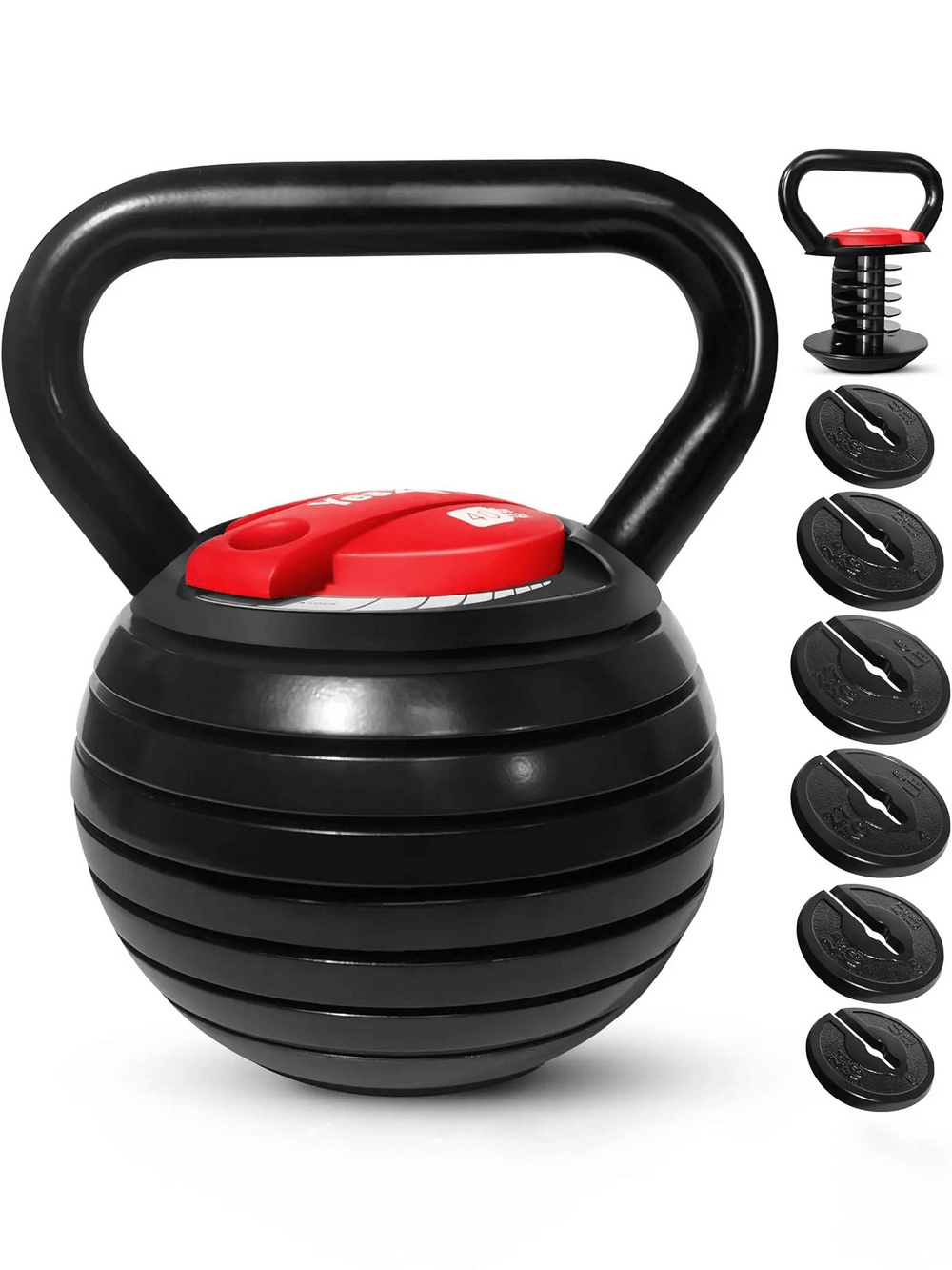 Adjustable kettlebell with locking system and removable weights for versatile home and gym workouts, featuring a wide handle.