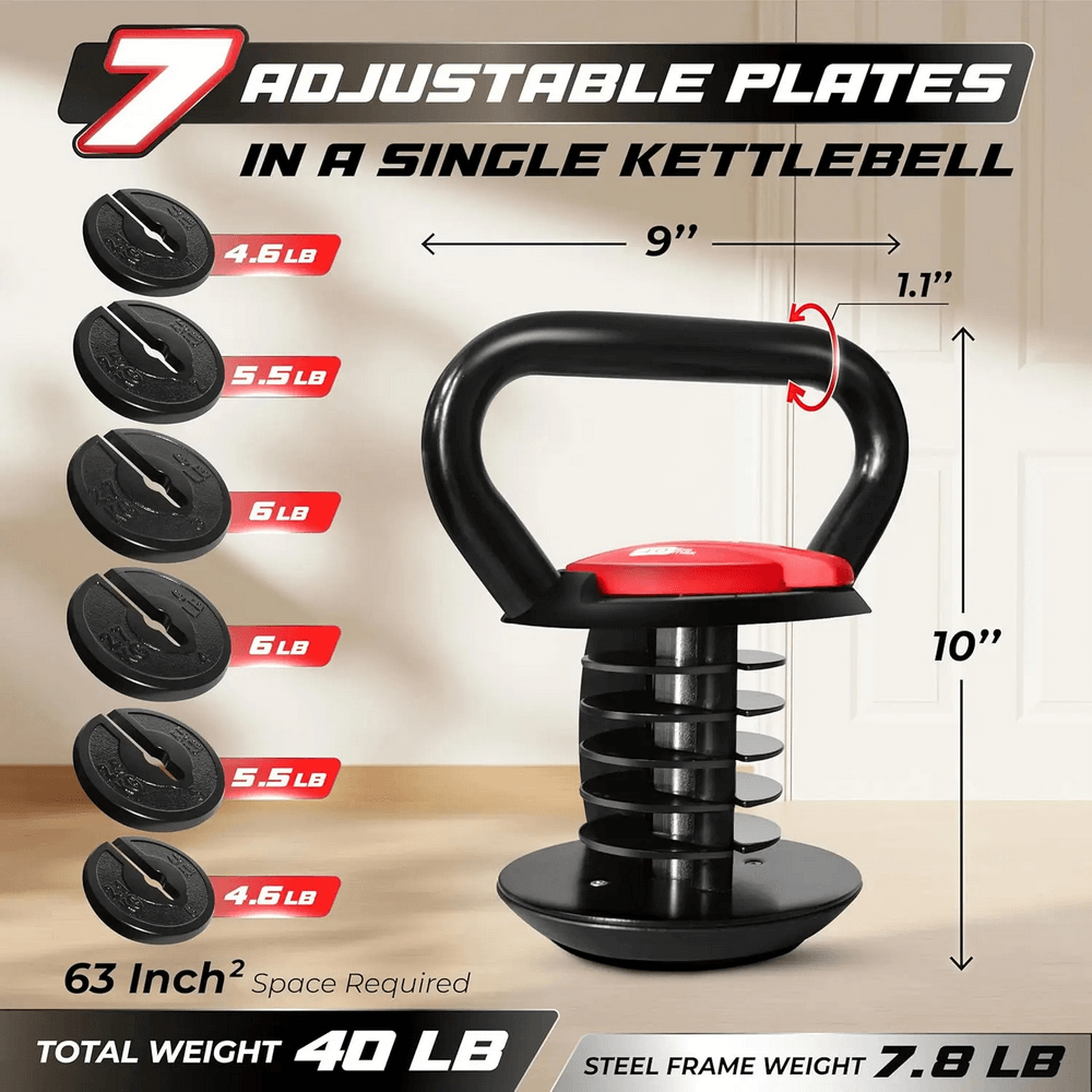 Adjustable kettlebell with 7 plates, secure locking system, ideal for home and gym workouts, supports swings, squats, and presses.