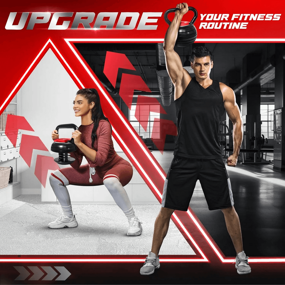 Two athletes using an adjustable kettlebell for squats and lifts, showcasing fitness training with bold 'Upgrade Your Fitness Routine' text.