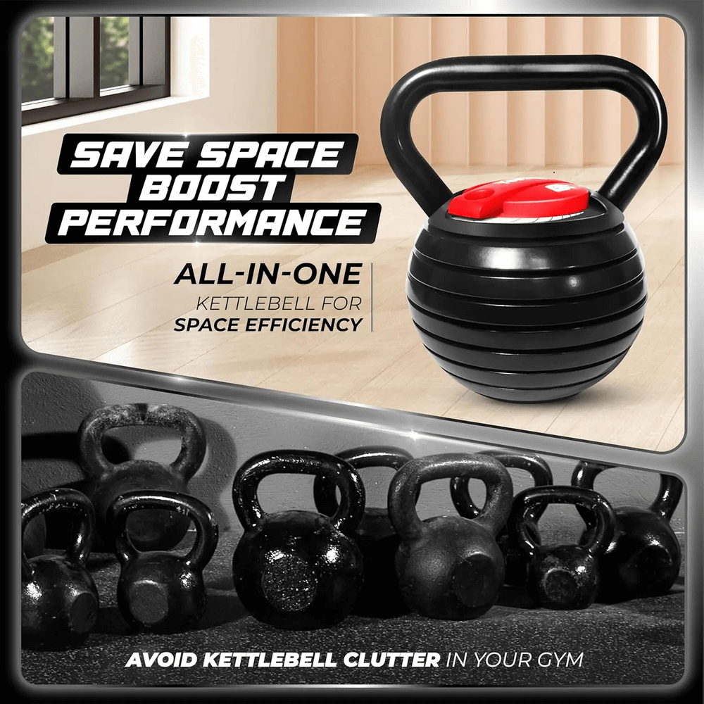 All-in-one adjustable kettlebell with locking system, ideal for space-saving home and gym workouts. Boosts performance and efficiency.