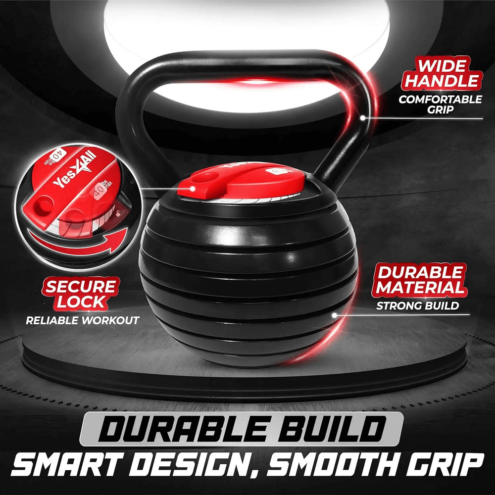Adjustable kettlebell with secure lock and wide handle for versatile workouts; durable and smart design for home and gym use.