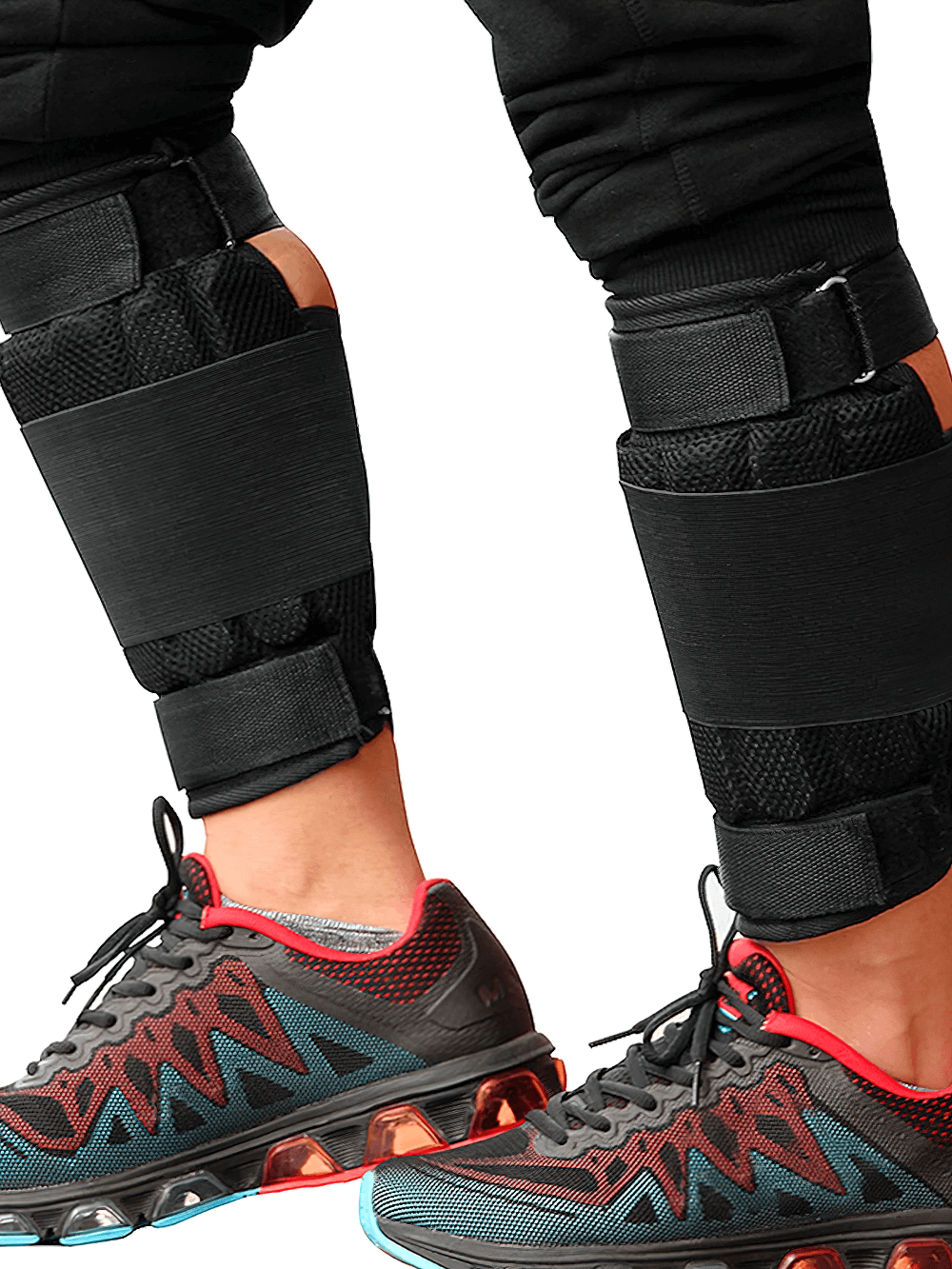 Person wearing adjustable leg weight wraps SF3313 with breathable mesh and secure fastener, ideal for strength and endurance training.
