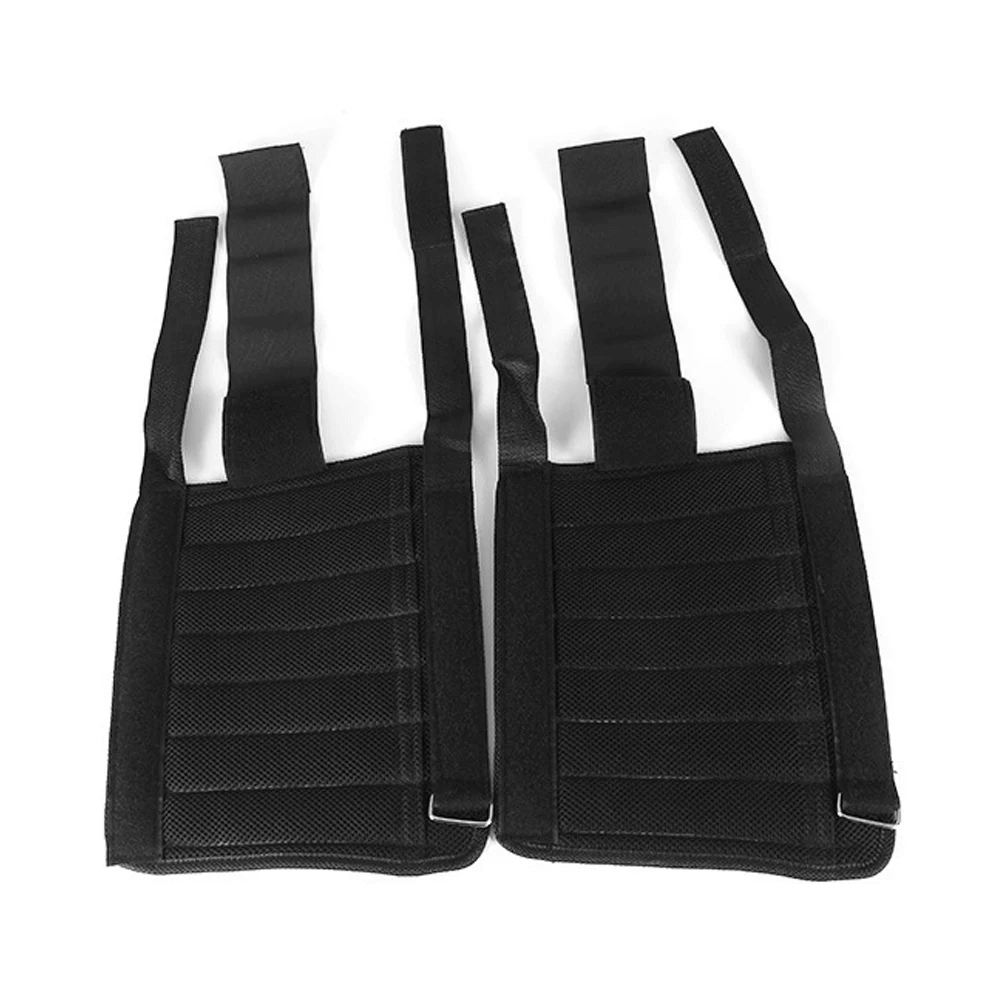 Adjustable black leg weight wraps with breathable mesh and secure fasteners for strength training.