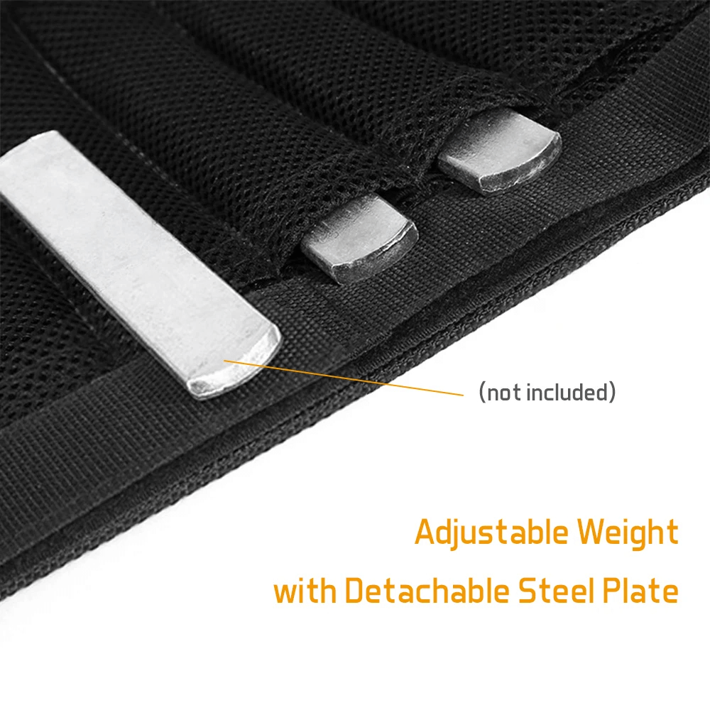 Close-up of adjustable leg weight wrap with detachable steel plates, showcasing secure fit design for strength training.