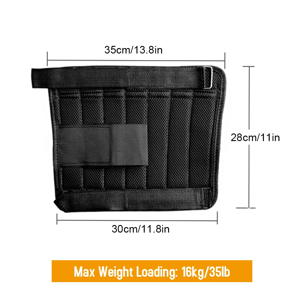 Adjustable leg weight wrap with dimensions, max load 16kg/35lb, designed for calf and ankle strength training.