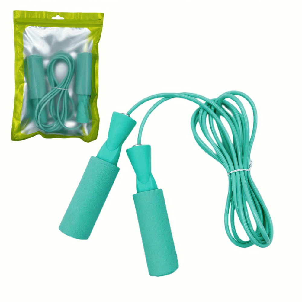 Lightweight adjustable length teal jump rope with ergonomic handles, perfect for fitness training and cardio workouts.